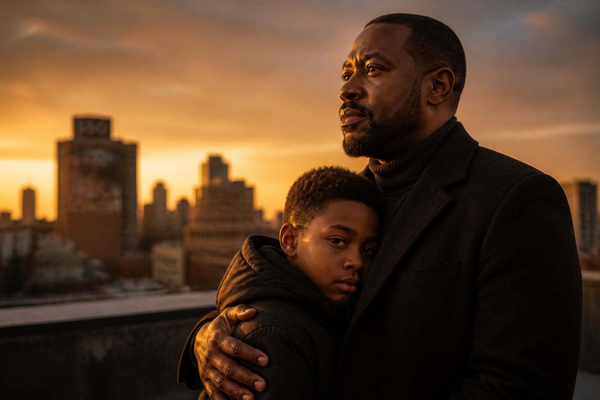 A father embracing his son at golden hour over the Newark skyline
